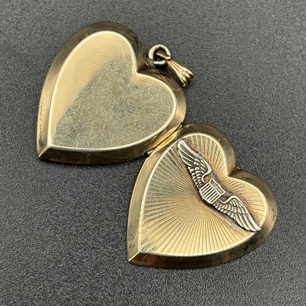 Vintage A&Z Heart Locket Gold WWII Sweetheart Winged Shield Pendant - Picture 7 of 10